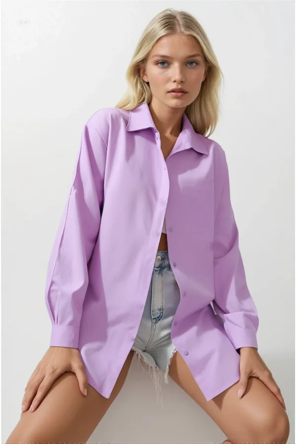 Kadın Lila Oversize Uzun Basic Gömlek Hzl22w-bd139001