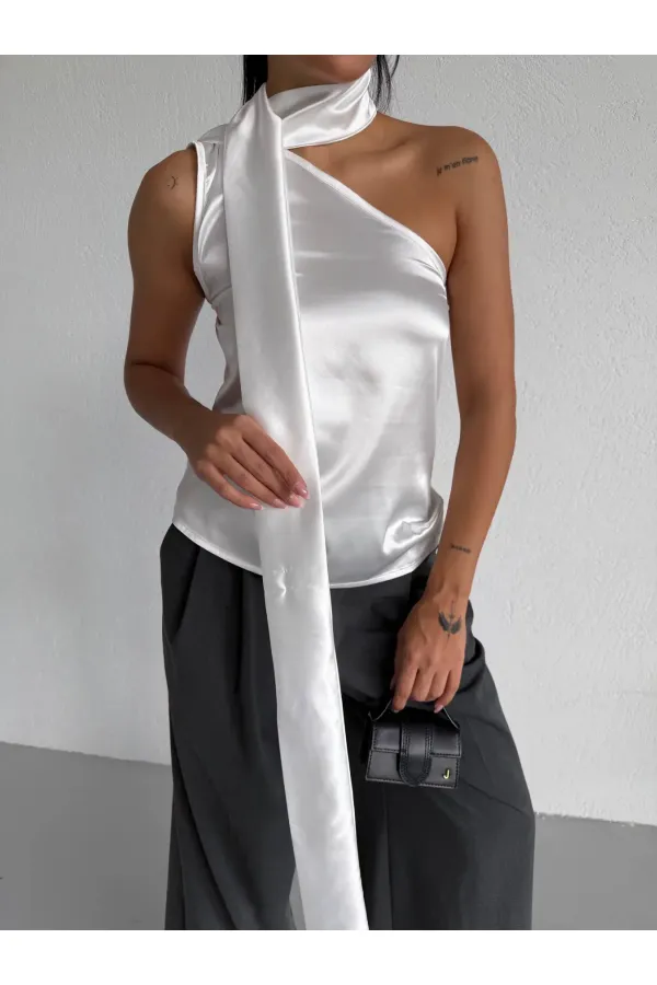 Chemisier asymétrique en satin blanc pour femme, col châle et encolure à nouer HZL26W-FRY123731