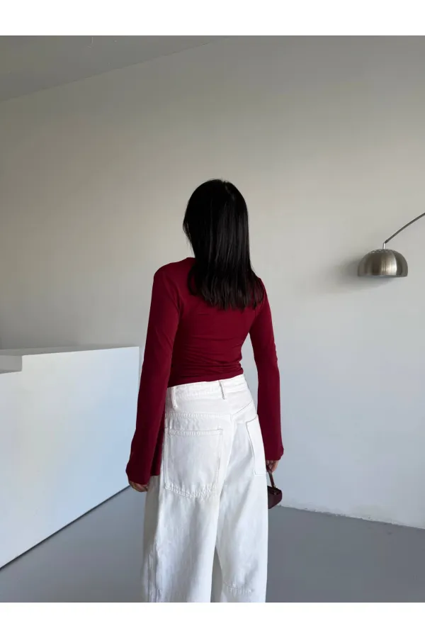 Kadın Bordo Drape Detaylı İspanyol Kol Sany Bluz HZL25W-FRY123431