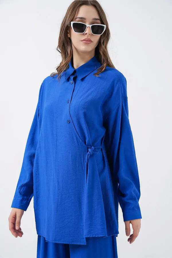 Ensemble deux pièces tunique et pantalon à lacets pour femme 6752 - Bleu marine