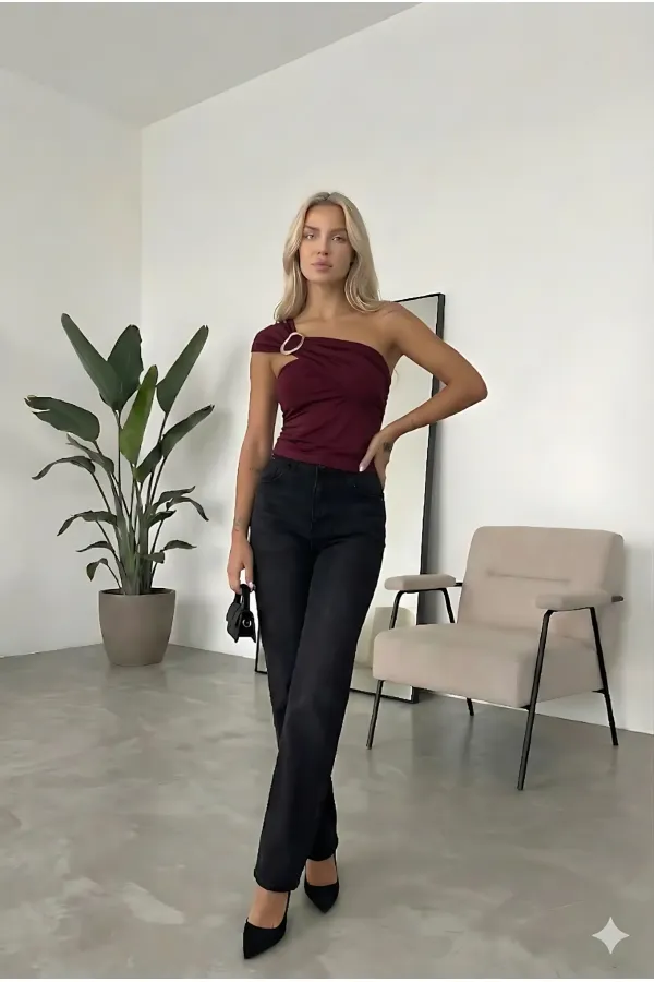 Women's Burgundy Sandy Blouse with Gold Buckle Detail and Shoulder Drape Detail HZL26W-FRY123741