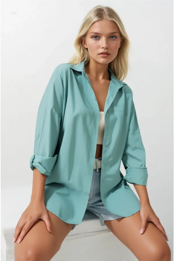 Chemise longue basique oversize vert aqua pour femme HZL22W-BD139001