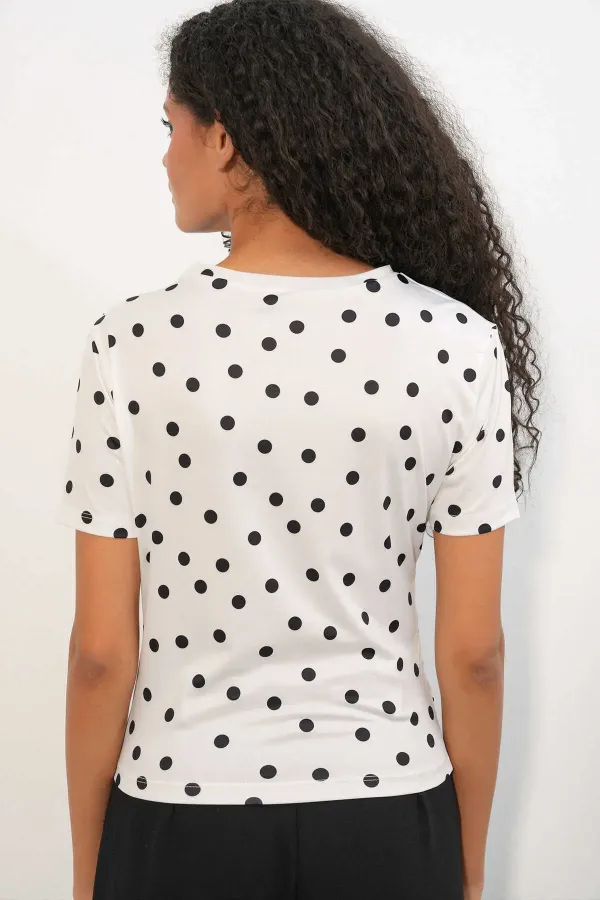 Women's White Satin Short-Sleeve Polka Dot Blouse with Gathered Detail HZL26S-BD1400121 Women's White Satin Short-Sleeve Polka Dot Blouse with Gathered Detail HZL26S-BD1400121