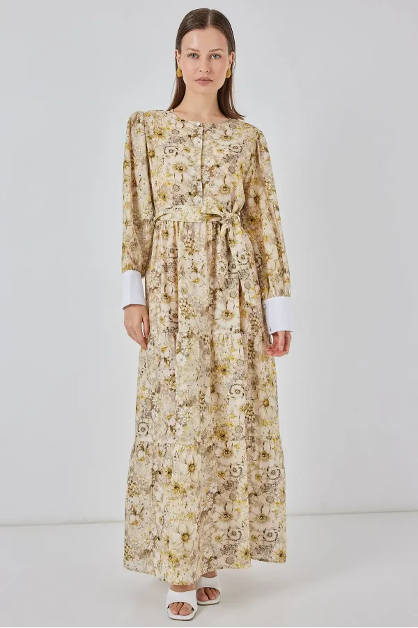 Women's Belted Long Dress 2584 - B.Sarı
