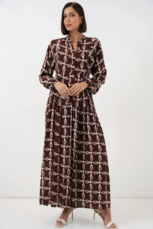 Kadın Desenli Uzun Tesettür Elbise 2585 - A.Kahve