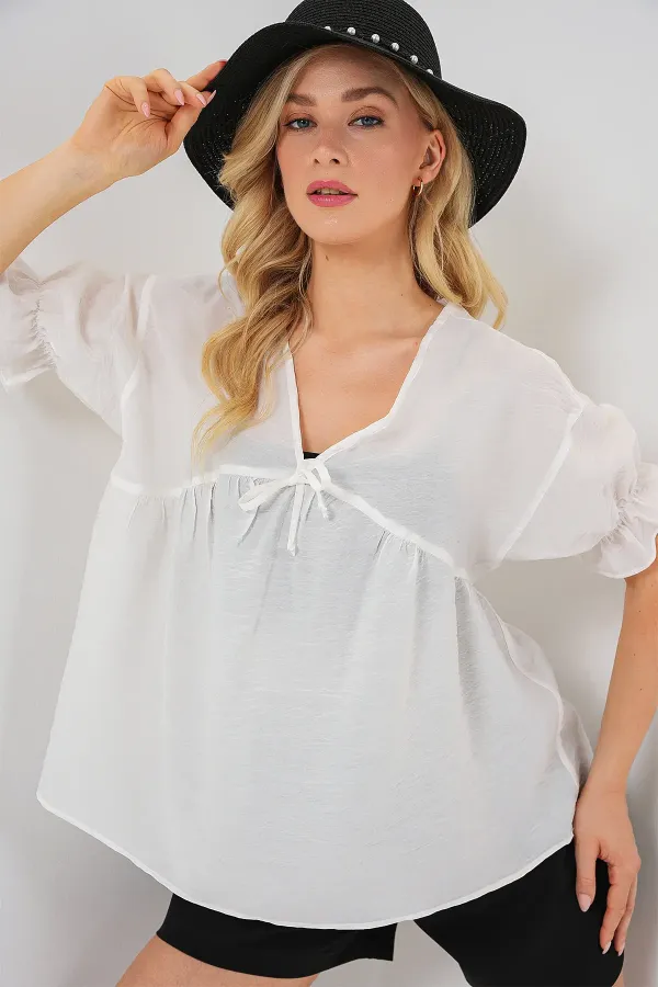 Women's Front Lace-Up Short-Sleeve Blouse 962 - White