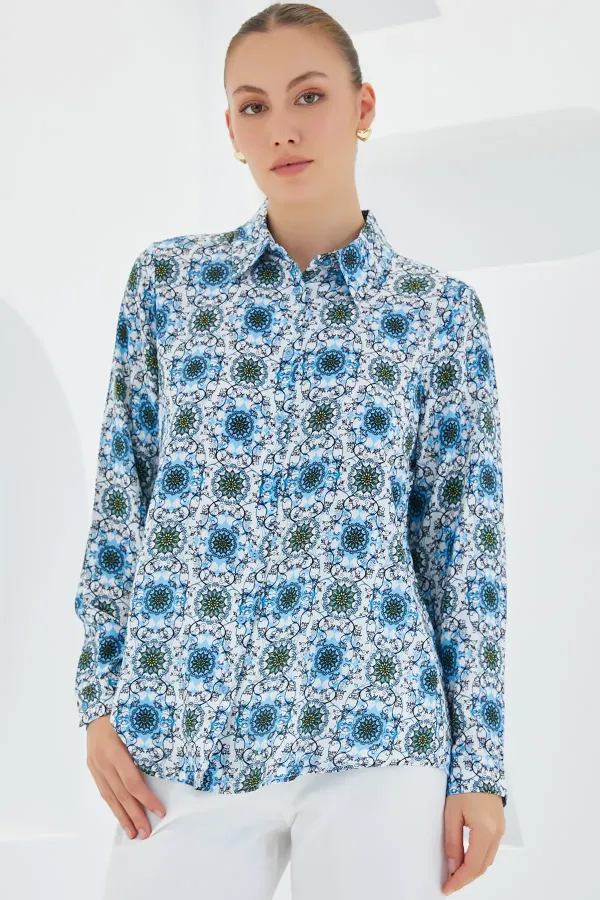 3721 Grafik Desenli Gömlek - Turkuaz