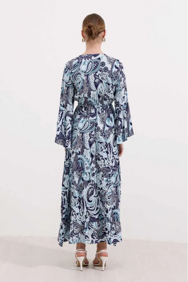 Kadın Turkuaz Desenli İspanyol Kol Beli Lastikli Uzun Yazlık Viskon Elbise HZL24S-BD124541