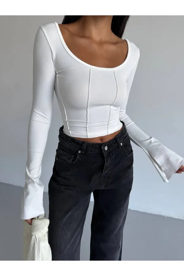 Kadın Beyaz Uzun Kollu Arkası Bağlamalı Fit Kesim Crop Bluz HZL25W-FRY122771