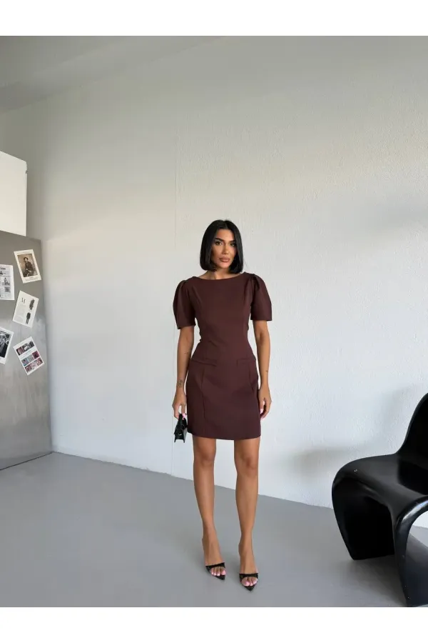 Women's Brown Boat Neck Welt Pocket Short Sleeve Mini Dress HZL26S-FRY123891 Women's Brown Boat Neck Welt Pocket Short Sleeve Mini Dress HZL26S-FRY123891