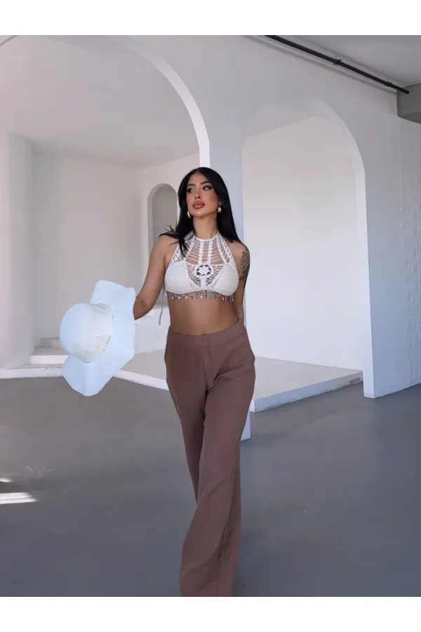 Kadın Camel Beli Lastikli Müslin Kumaş Bol Paça Pantolon HZL25S-DSB12221