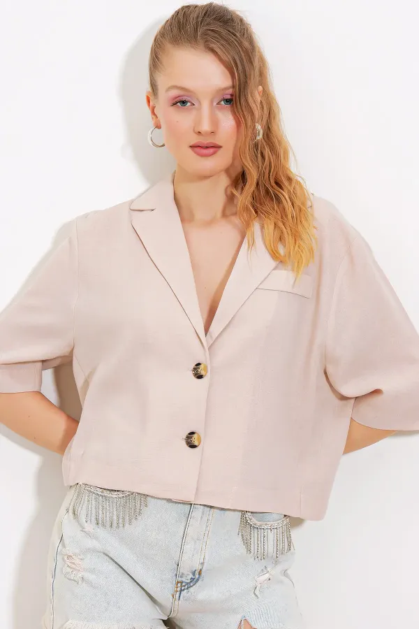 Women's Cream Double-Button Oversize Crop Linen Jacket 0706