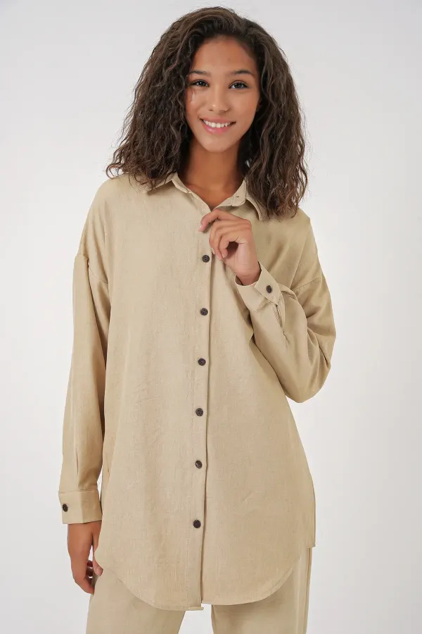 Ensemble beige oversize en lin pour femme, haut et bas, réf. 6622