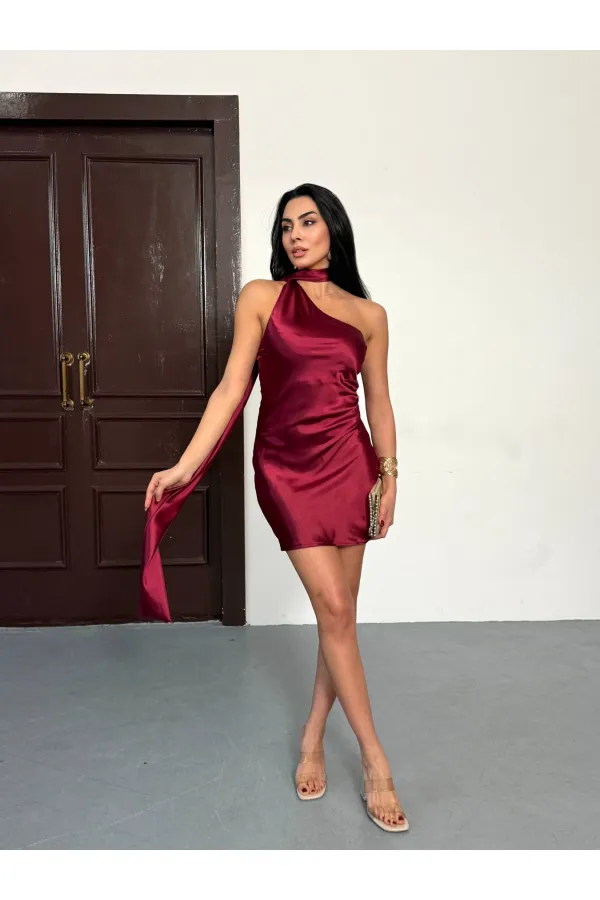 Women's Burgundy Off-Shoulder and Backless Satin Mini Dress HZL26W-FRY123611