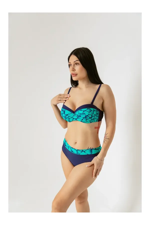 Women's Green Navy Blue Patterned Lined Bikini Set HZL25S-LC25143