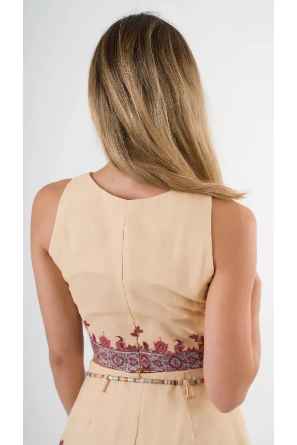 Kadın Sarı Etnik Desenli Beli Kuşaklı Bluz Şort İkili Takım HZL24S-YY261