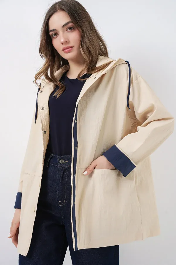 Kadın Teknik Kumaş Kapüşonlu Trençkot 5972 - Ekru