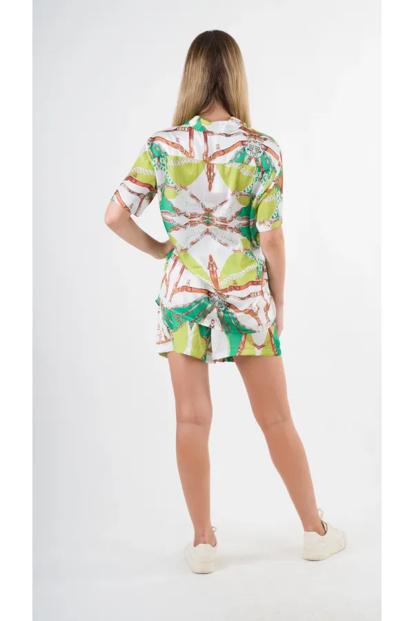 Kadın Fıstık Yeşili Desenli Şort Gömlek Alt Üst Takım  HZL24S-YY226