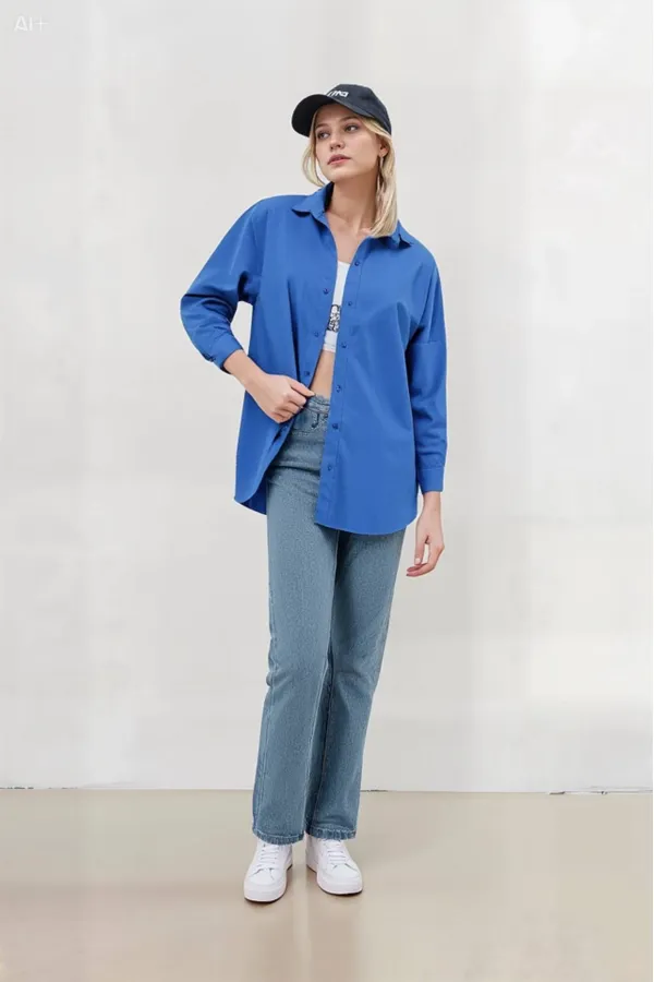 Kadın Mavi Oversize Uzun Basic Gömlek HZL22W-BD139001