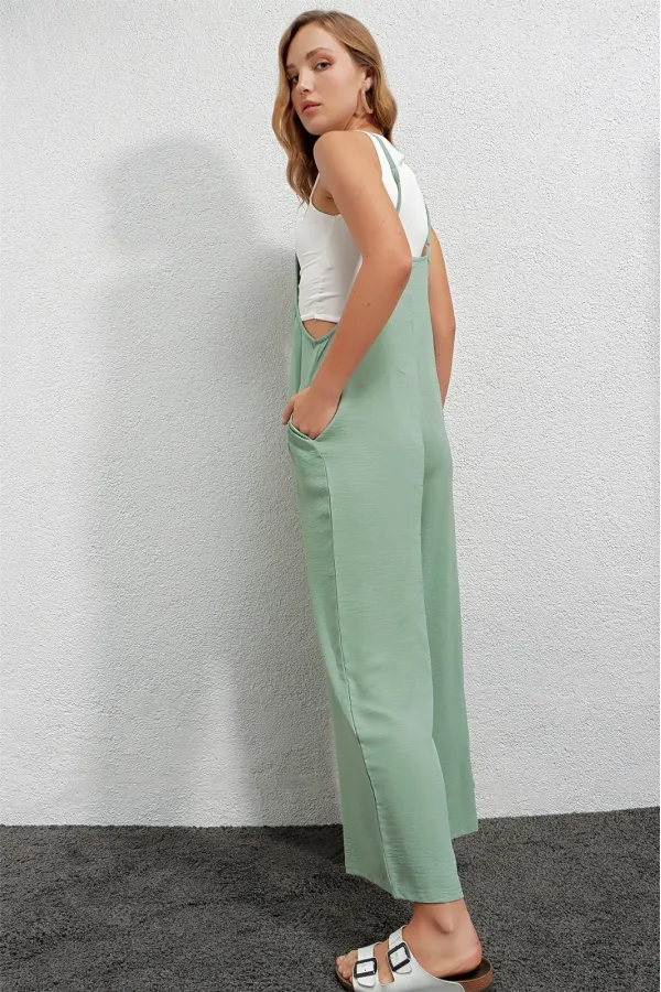 Women's Light Green Adjustable Strap Pocketed Wide Leg Overalls HZL22S-BD170191