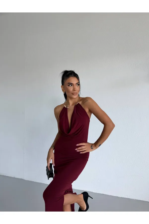 Kadın Bordo Boyundan Aksesuarlı Yandan Yırtmaçlı Midi Boy Sandy Elbise HZL26S-FRY123841