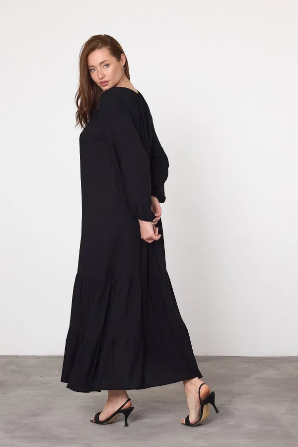 Kadın Siyah Madonna Yaka Kolu Lastikli Uzun Viskon Elbise HZL25S-VM10331