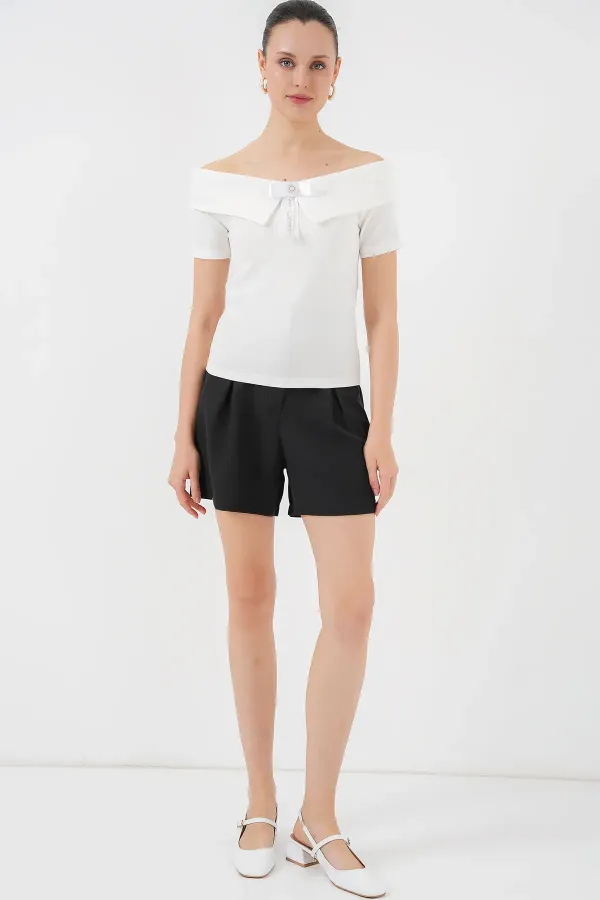 Kurdele Detaylı Örme Bluz 949 - Beyaz