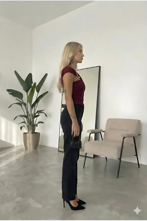 Women's Burgundy Sandy Blouse with Gold Buckle Detail and Shoulder Drape Detail HZL26W-FRY123741