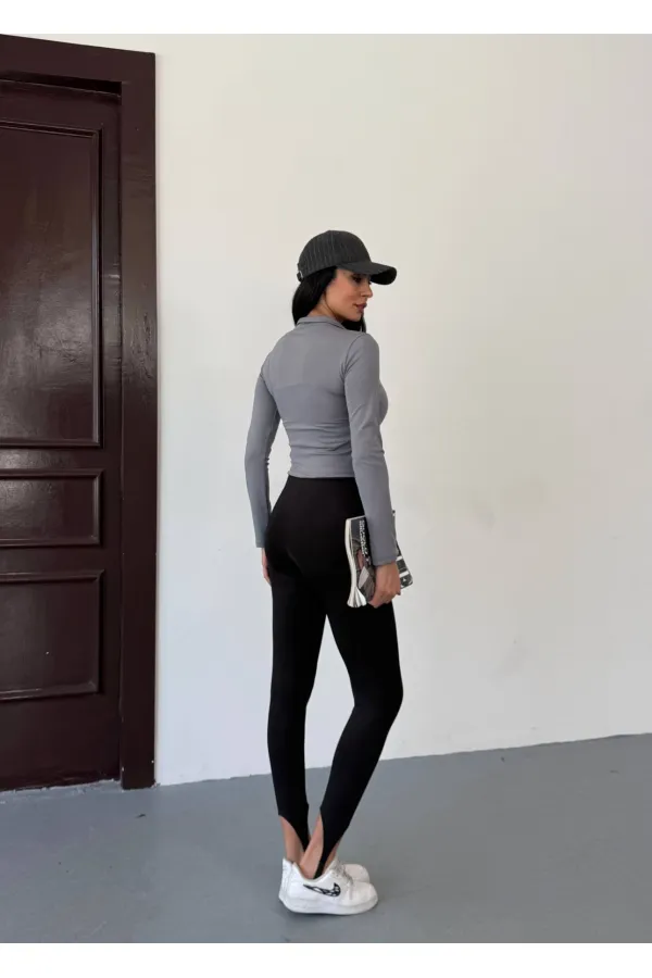 Kadın Gri Dalgıç Kumaş Fermuar Kapamalı Parmak Geçirmeli Sweatshirt HZL25W-FRY123441