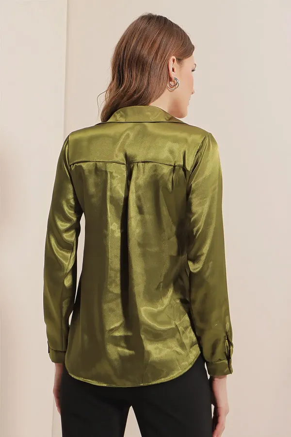 3964 Lightly Draped Satin Shirt - Light Khaki