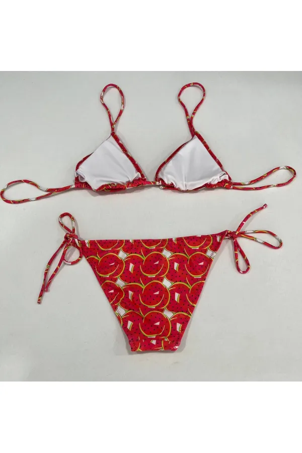 Ensemble bikini triangle dos nu à motif pastèque rouge pour femme HZL25S-LC5005