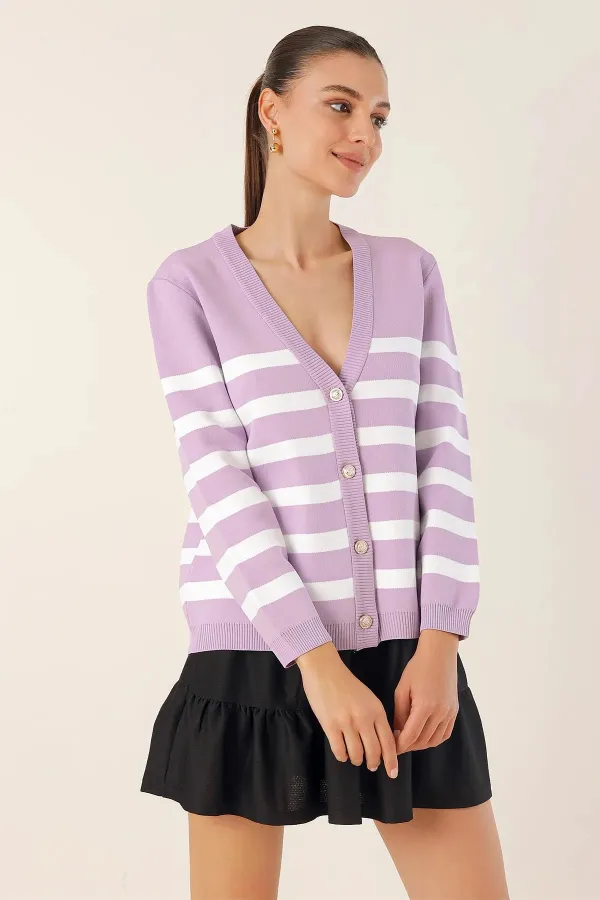 Cardigan en tricot à rayures lilas pour femme, coupe décontractée, col en V, HZL24W-BD1102151