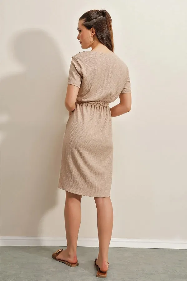 Women's Beige Elastic Waist Button Detailed Casual Knit Dress HZL22S-BD123751