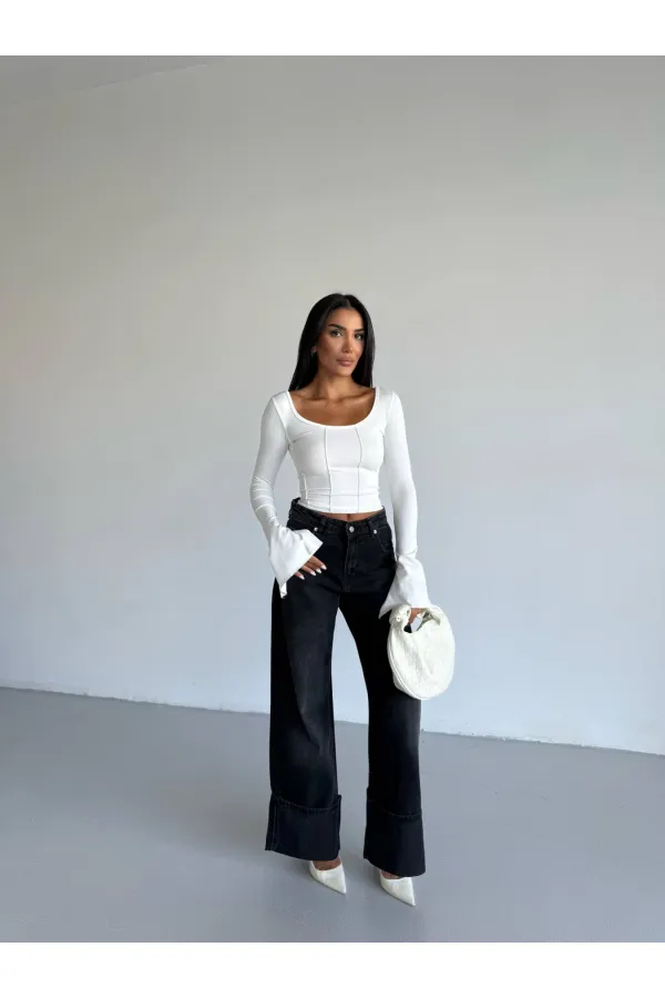 Kadın Beyaz Uzun Kollu Arkası Bağlamalı Fit Kesim Crop Bluz HZL25W-FRY122771