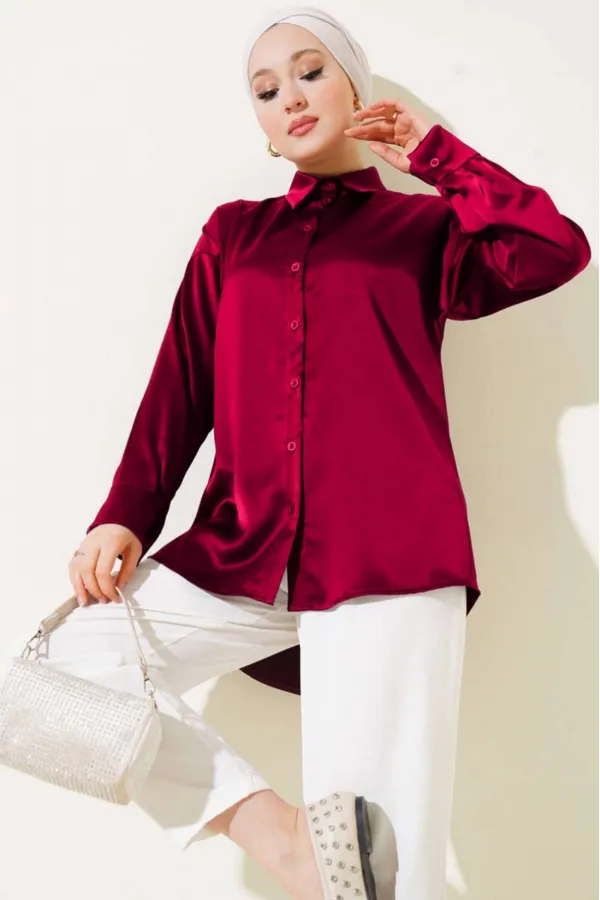 Chemise hijab en satin bordeaux pour femme HZL25W-BD139641