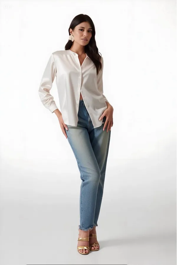 Kadın Yeni Krem Hafif Dökümlü Saten Yüzeyli Gömlek HZL22W-BD139641