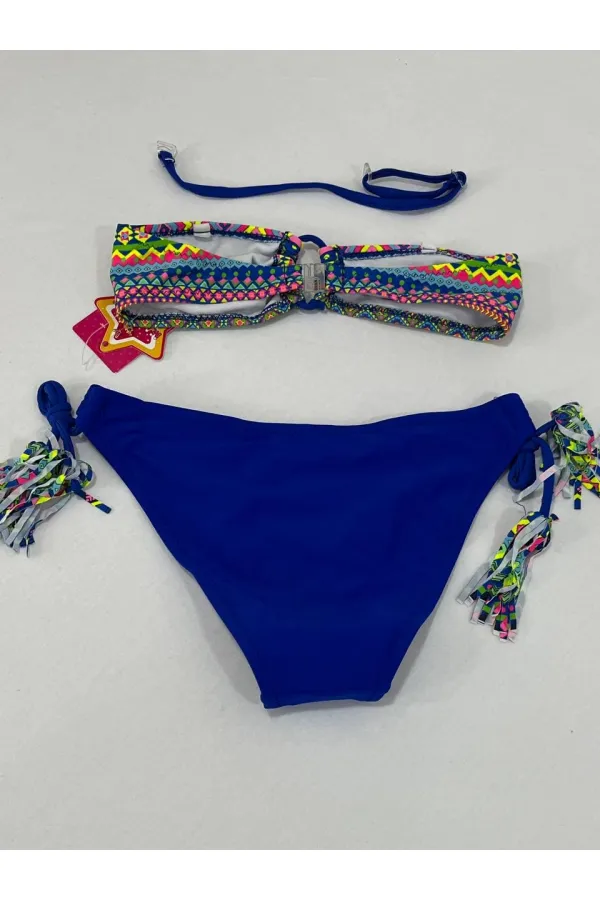 Ensemble bikini triangle bleu à doublure multicolore pour fille, 4-12 ans, HZL24S-LC1904