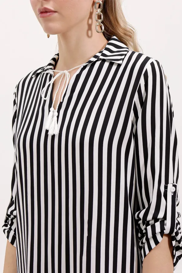 5613 Striped Tunic with Collar Tie - Black