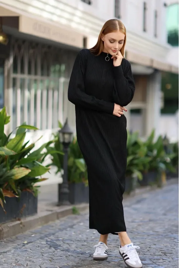 Robe longue noire en maille côtelée à col zippé pour femme HZL24W-BD1102271