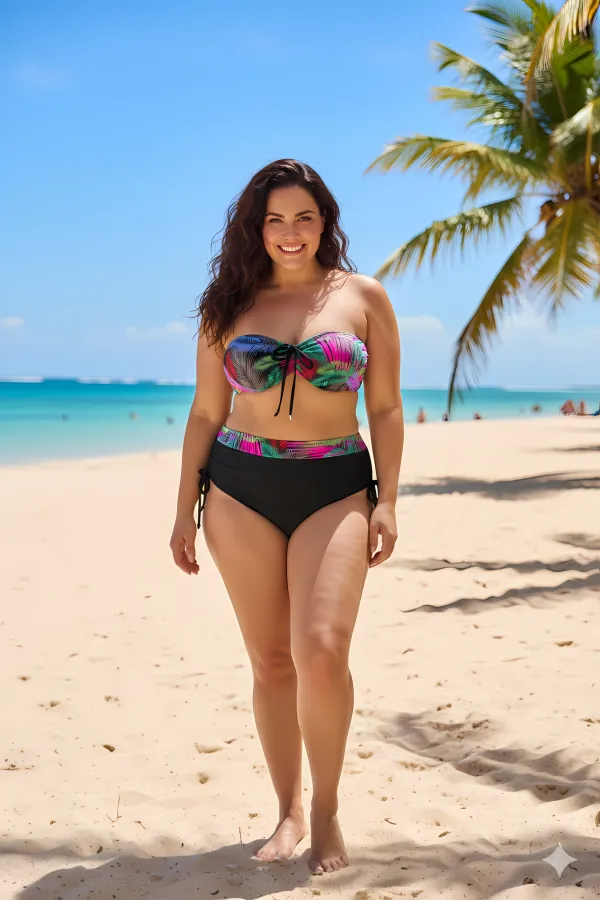 Women's Black Multicolored Patterned Lined Plus Size Bikini Set HZL25S-LC03