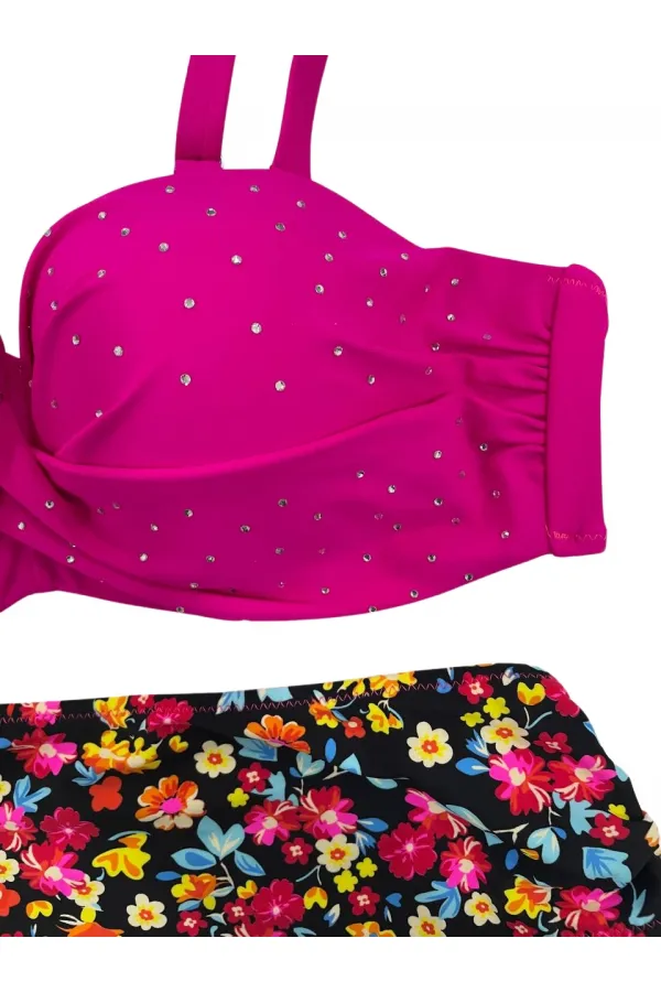 Kadın Fuşya Çiçek Desenli Taş İşlemeli Büyük Beden Astarlı Bikini Takım HZL25S-LC3312