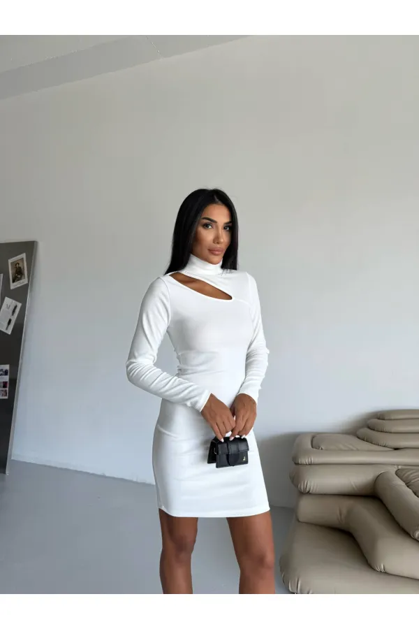 Kadın Beyaz Boğazlı Uzun Kollu Ottoman Kumaş Elbise HZL25S-FRY123331