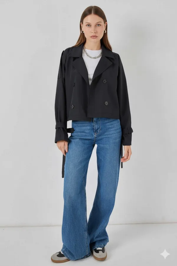 Trench-coat court noir à double boutonnage et ceinture pour femme HZL25W-BD159701