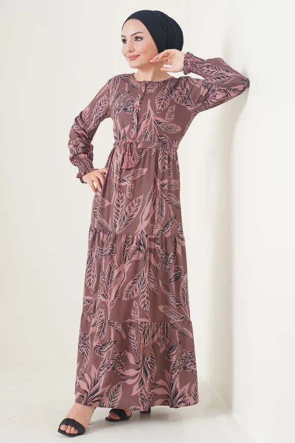 2145 Desenli Tesettür Elbise - Kahverengi