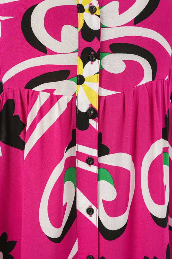 Kadın Desenli Uzun Tesettür Elbise 2585 - A.Fuşya