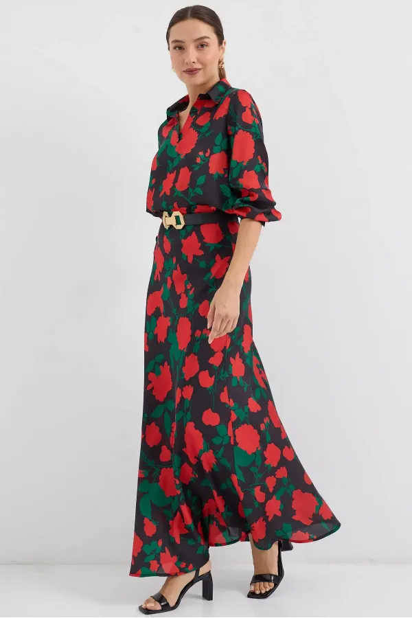 Ensemble deux pièces en satin à motifs noirs et rouges pour femme 8018