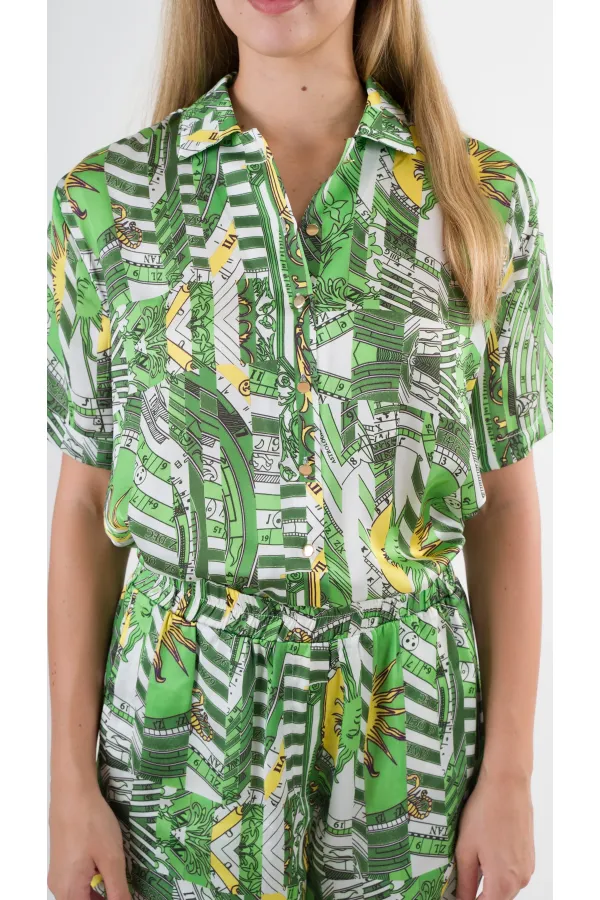 Kadın Yeşil Desenli Şort Gömlek Alt Üst Takım  HZL24S-YY226