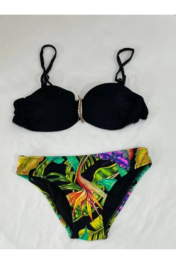 Kadın Siyah Taş İşlemeli Toka Aksesuarlı Astarlı Bikini Takım HZL25S-LC208