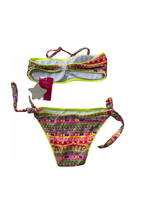 Kız Çocuk Neon Sarı Çok Renkli Astarlı 4-12 Yaş Straplez Bikini Takım HZL24S-LC6355