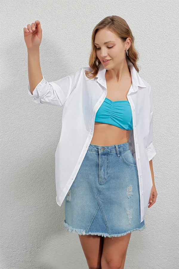 Kadın Beyaz Yandan Yırtmaçlı  Ip Büzgülü  Gömlek HZL23W-BD1201321